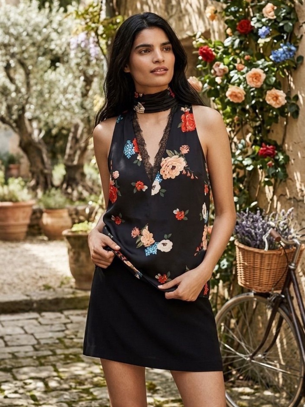 Anthropologie Black Floral Halter Top with Lace Accents